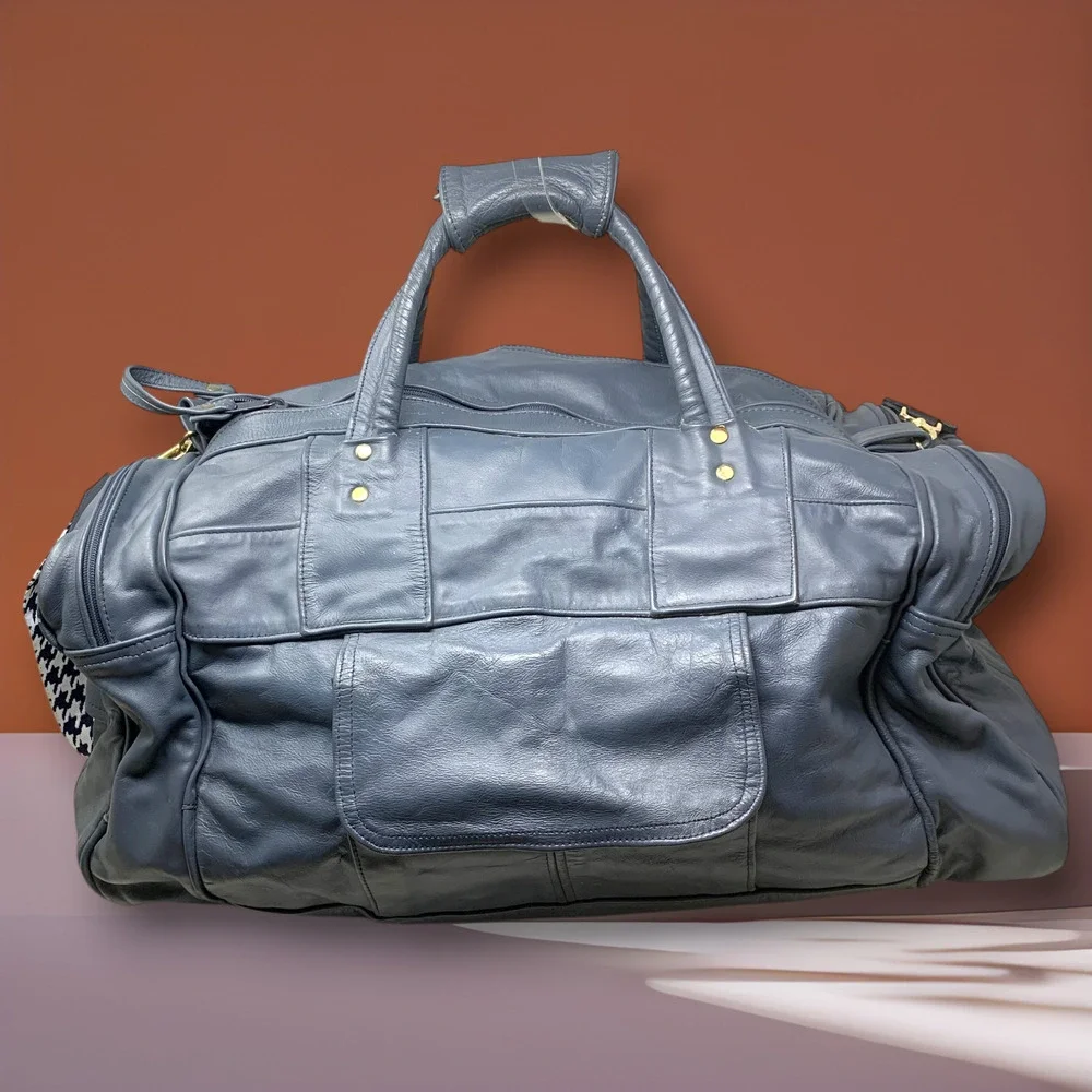 Vintage Leather Duffle Bag Blue Gray Made in Mexico Weekender Carry On Travel
